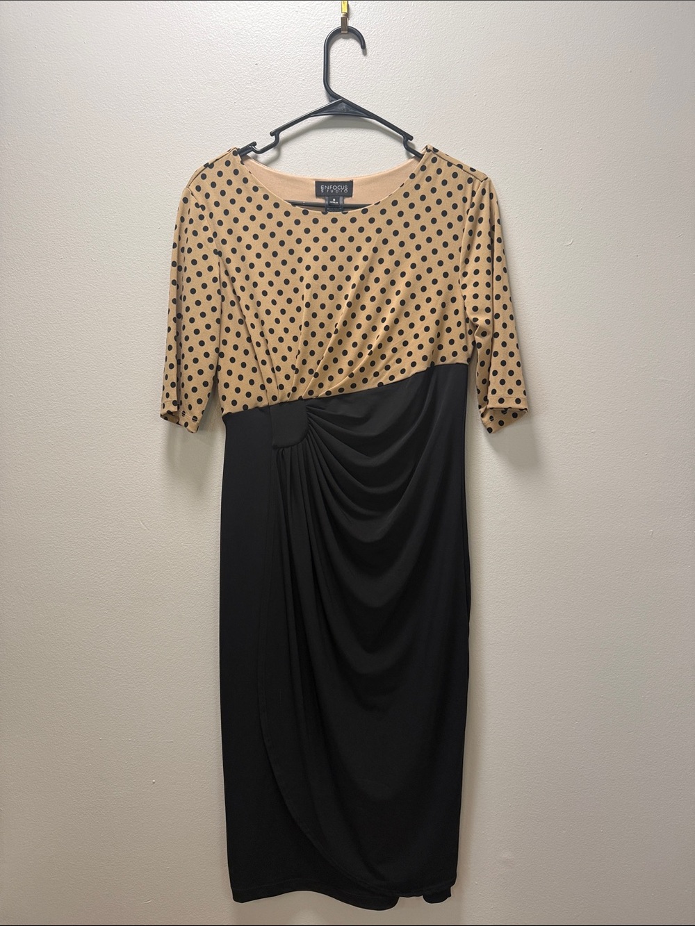 Polka Dot & Black Draped Midi Dress - Tan with Black Polka Dots